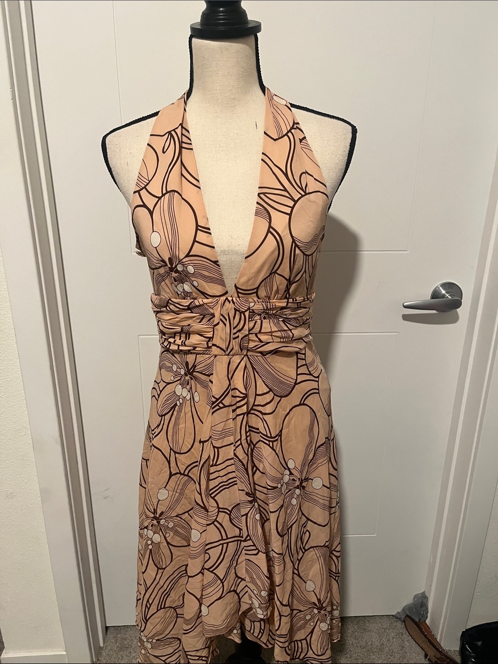 Vintage Y2K Trina Turk Silk Blend Deep V Neck Floral Halter Dress Whimsical Boho